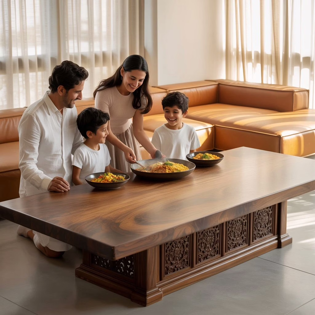 A happy family enjoying a meal around a handcrafted wooden dining table, showcasing custom-made furniture benefits in Hyderabad and why homeowners prefer personalized solutions in 2025.