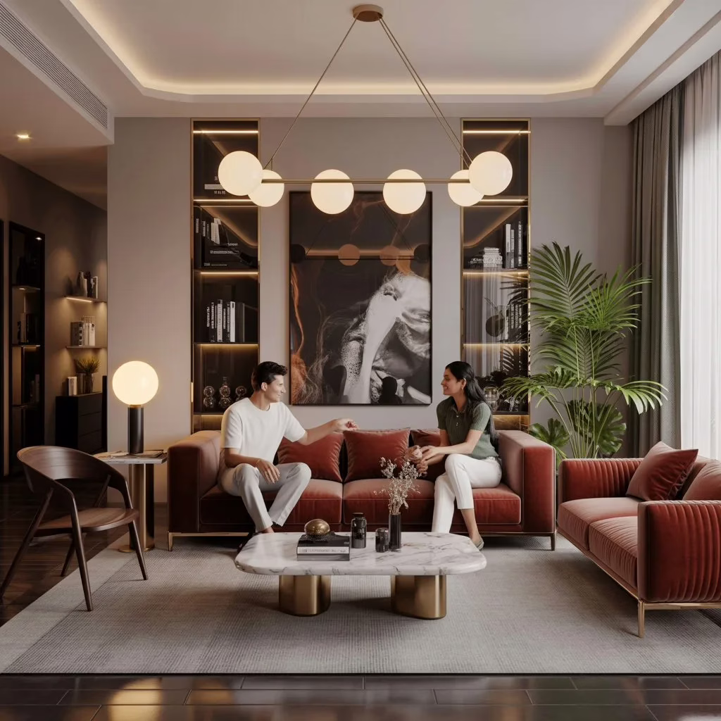 Modern luxury living room furniture featuring elegant velvet sofas, a marble coffee table, and stylish lighting, creating a sophisticated interior ambiance.

